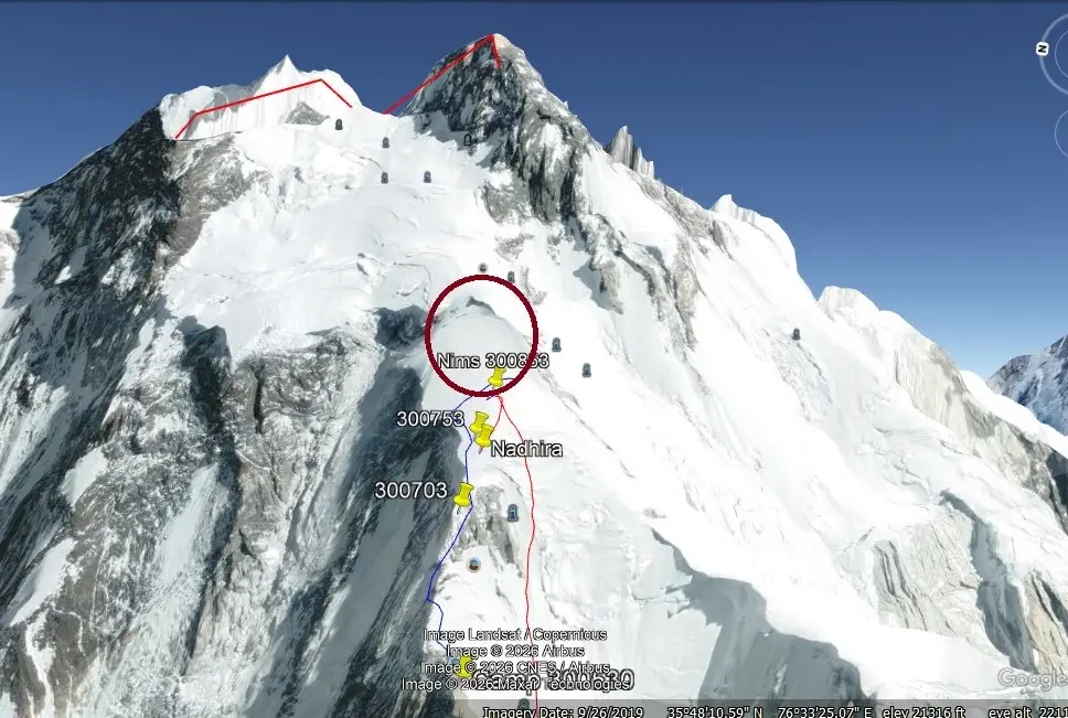 The July 30 avalanche on Broad Peak likely occurred in the encircled area . (Photo: Samson Sharaf)